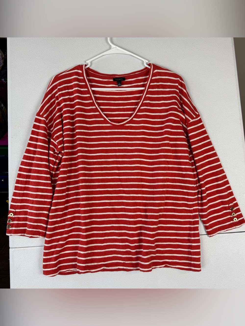Talbots Reddish Orange White Striped Top Womens L Large 3/4 Sleeves Gold Buttons